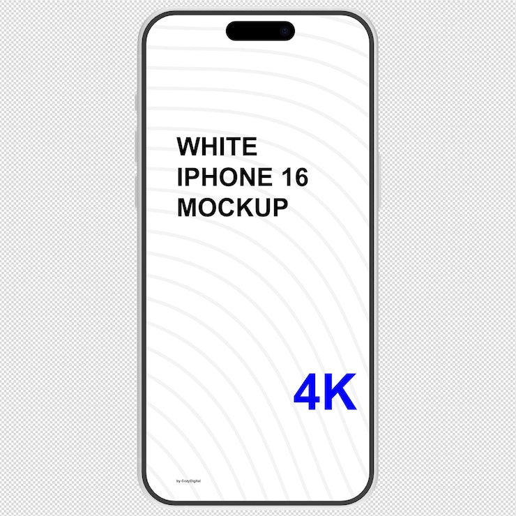 PSD przedni widok białego modelu smartfonu podobnego do iphone'a 16 bez tła