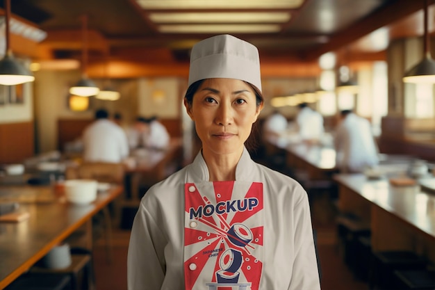PSD przedni widok japońskiego szefa kuchni w mundurze