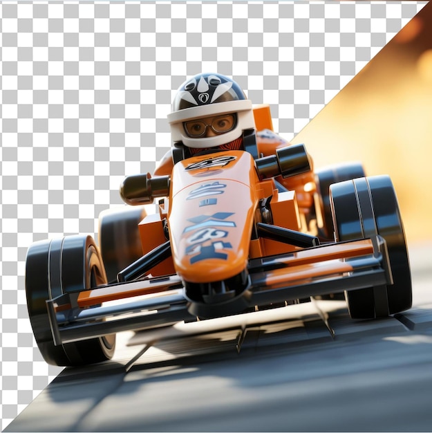 PSD przejrzysty obiekt 3d kierowca samochodu wyścigowego z kreskówką przyspieszający na torze wyścigowym