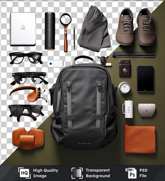 PSD przejrzysty obraz psd podstawy podróży zestaw czarne okulary brązowe buty czarne i szare plecak srebrny i biały ipod i pomarańczowy ręcznik na zielonym stole