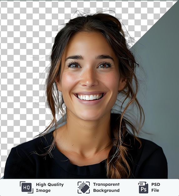 Przejrzysty Obraz Psd Szczęśliwej I Udanej Kobiety Biznesowej Z Jej Pracą Z Uderzającymi Brązowymi Oczami Nosem I Brwiami Noszącą Czarną Koszulę I Pokazującą Swoje Białe Zęby