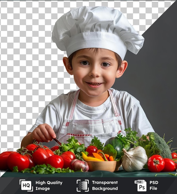 PSD przejrzysty obraz szefa kuchni chłopiec robi świeże warzywa dla zdrowego jedzenia portret małego dziecka w postaci kucharza chłopiec szef kuchni proces gotowania w kuchni