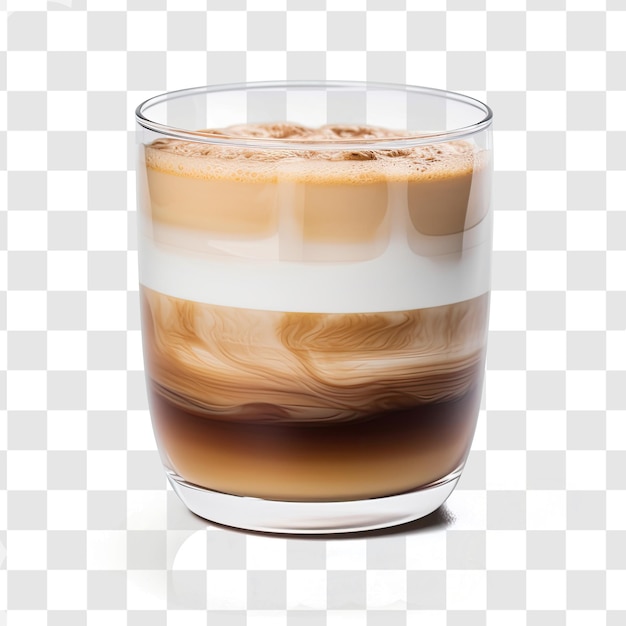 PSD przejrzysty szklany kubek kawy z aksamitną latte, warstwami mleka i espresso