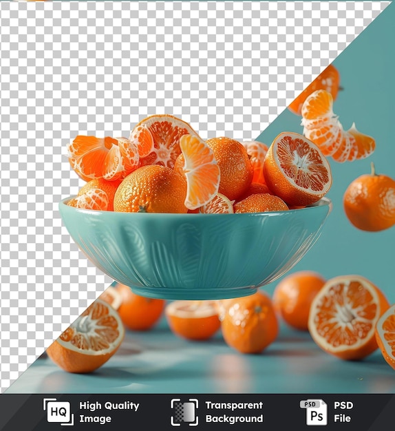 PSD przejrzysty tło pomarańcze i mandarynki latające w misce na niebieskim stole