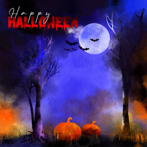 Przerażający las Szczęśliwego Halloween Misty tajemnica Helloween akwarela tło