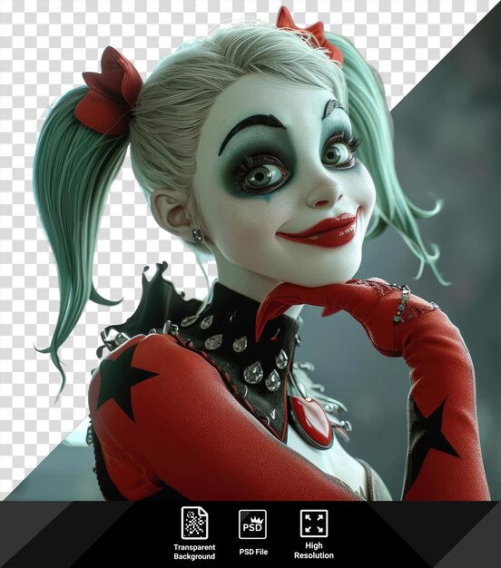 PSD przezroczysta harley quinn joker z uderzającymi niebieskimi i zielonymi oczami biała twarz i mały nos są uchwycone w zbliżeniu nosząc czerwoną muszkę i srebrny kolczyk