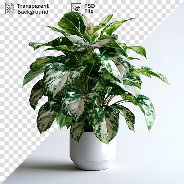 PSD przezroczysta zielona roślina w białym wazonie rzuca ciemny cień na białą ścianę