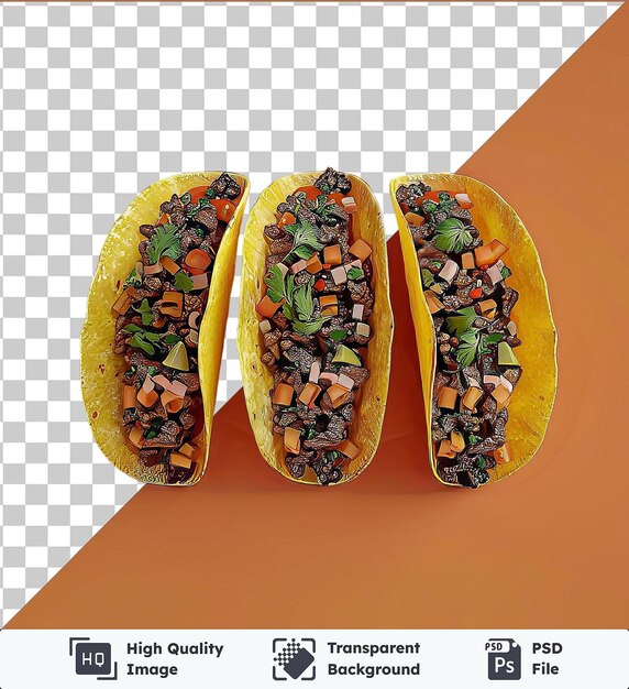 PSD przezroczyste taco z wołowiny z różnorodnymi warzywami, w tym zieloną brokolicą na pomarańczowym tle