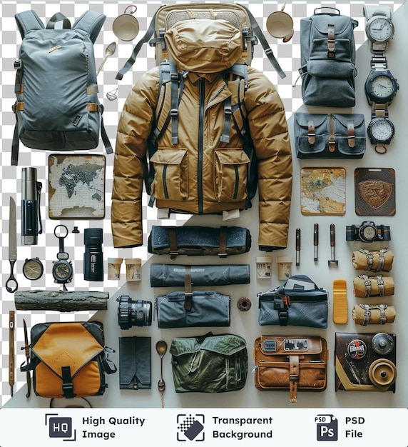 PSD przezroczyste tło psd adventure travel essentials ustawione na przezroczystej tle z brązową kurtką, srebrną i czarną zegarką, srebrową łyżką i czarnym i srebrnym zegarkiem