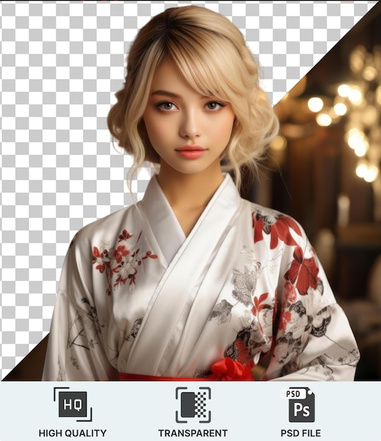 PSD przezroczyste tło psd kobieta z blond włosami nosząca kimono z brązowym okiem widocznym na pierwszym planie