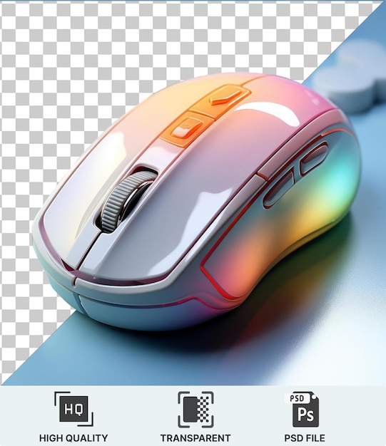 PSD przezroczyste tło psd mysz komputerowa z białym i szarym przyciskiem i szary i biały przycisk umieszczony na niebieskim stole