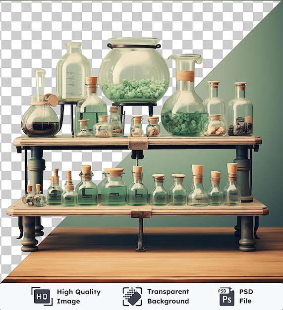 PSD przezroczyste tło psd realistyczne zdjęcia chemik _ s sprzęt laboratoryjny szklane butelki i słoiki na półce