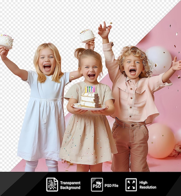 PSD przezroczyste tło psd szczęśliwe dzieci świętujące urodziny i wyglądające podekscytowane na tort urodzinowy png psd