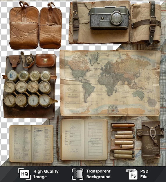 Przezroczyste Tło Psd Vintage Map And Travel Guide Set Z Otwartą Książką, Srebrnym Aparatem Fotograficznym I Brązowym Skórzanym Portfelem