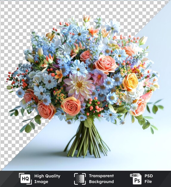 PSD przezroczyste tło psd z luksusowym bukietem ślubnym, w tym białymi, różowymi i pomarańczowymi różami