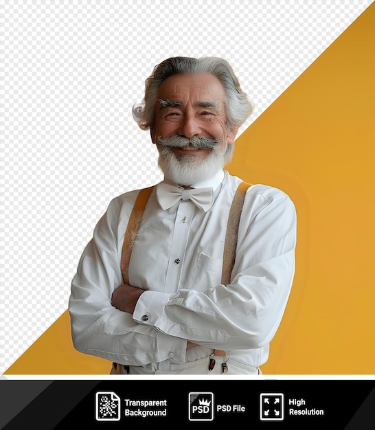PSD przezroczyste tło uśmiechnięty starszy szary włosy wąsy brodaty mężczyzna w białej koszuli płatek pozujący odizolowany na żółtym lub pomarańczowym tle