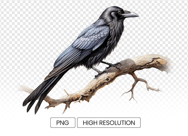 PSD przezroczyste tło wrona amerykańska na gałęzi siedzącej fotorealistyczny ptak