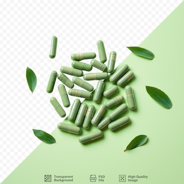 PSD przezroczyste tło z kapsułkami zawierającymi zielony proszek ziołowy