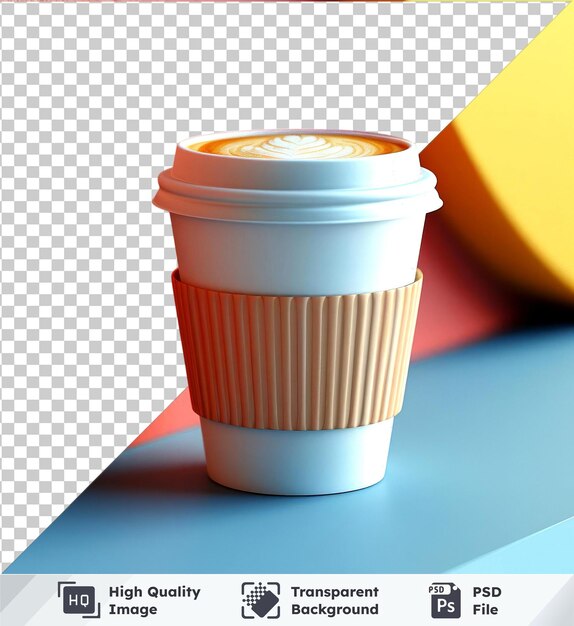 PSD przezroczyste tło z odizolowaną kawą na wzór białej pokrywki kubka żółty banan na niebieskim