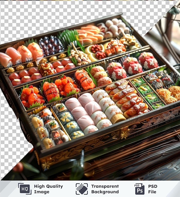 PSD przezroczyste tło z odizolowaną wystawą osechi ryorie z sushi i jajkami
