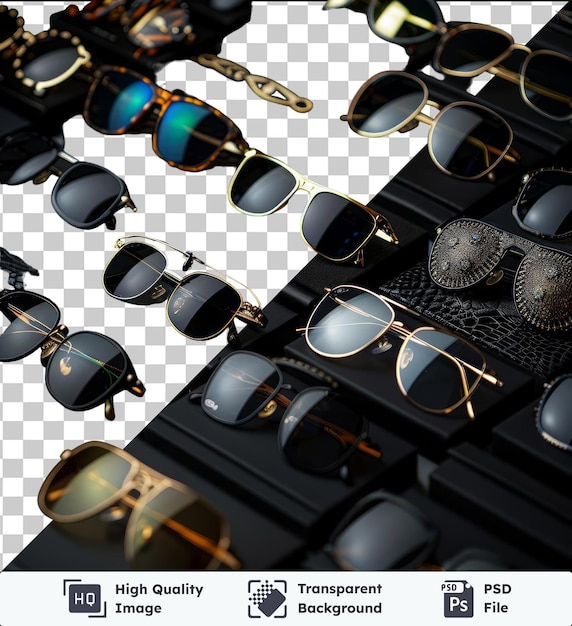 PSD przezroczyste tło z odizolowanym luksusowym zestawem okularów projektanta z czarnymi okularami przeciwsłonecznymi i parą czarnych okularów