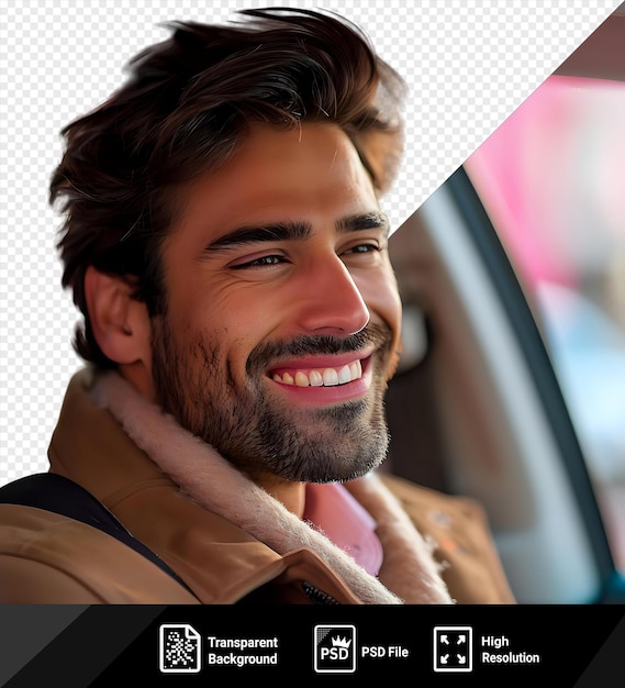 PSD przezroczyste tło z odizolowanym młodym przystojnym ciemnowłosym mężczyzną prowadzącym samochód i uśmiechniętym png psd