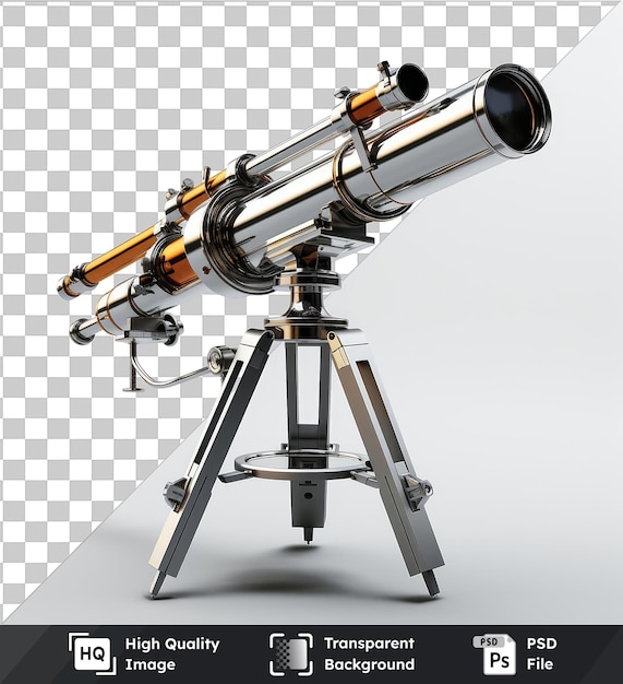 PSD przezroczyste tło z odizolowanym realistycznym teleskopem fotograficznym astronoma patrzącego w odległość