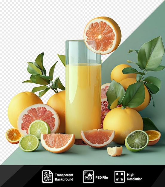 Przezroczyste Tło Z Odizolowanym Sokiem Pomarańczowym I Wszystkimi Rodzajami Owoców, W Tym Pomarańczymi, Cytrynami I Grejpfrutami Na Niebieskiej ścianie Png Psd