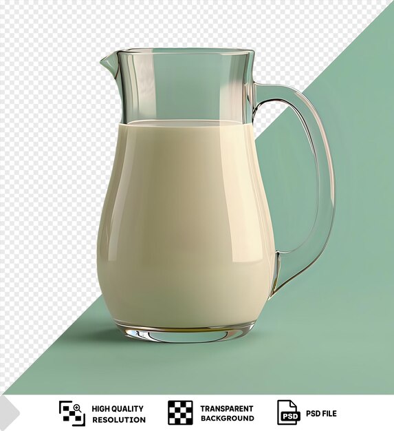 PSD przezroczyste tło z odizolowanym szklanym dzbanem z świeżym mlekiem na zielonym tle