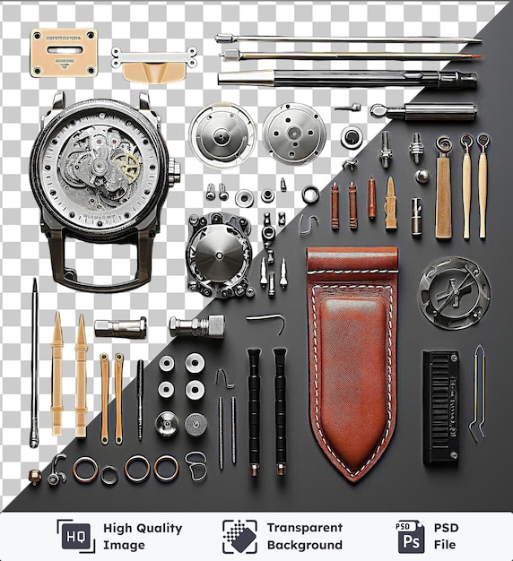 PSD przezroczyste tło z odizolowanymi narzędziami projektowania luksusowych zegarków zestaw srebrny zegarek czarne pióro i brązowy skórzany portfel