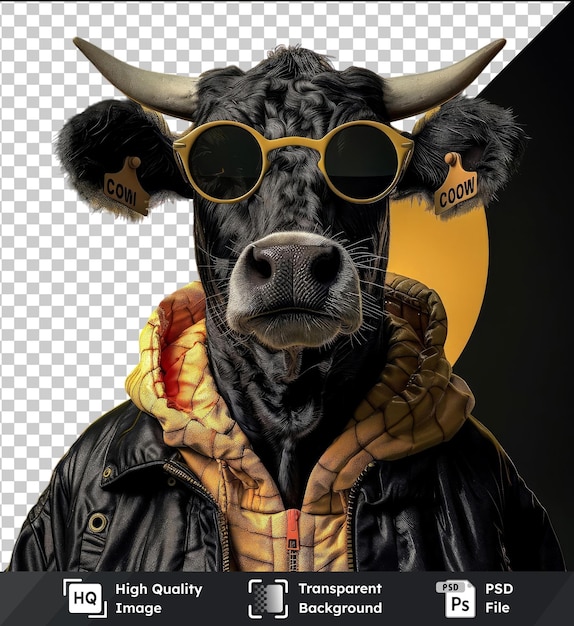 PSD przezroczyste zdjęcie krowy w okularach przeciwsłonecznych z kręgiem 39cow39 i tekstem na kurtce