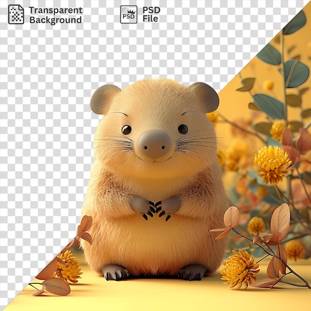 PSD przezroczysty 3d kreskówkowy wombat kopający się w ziemi otoczony zielonymi roślinami z charakterystycznym brązowym nosem, widocznymi oczami i uszami