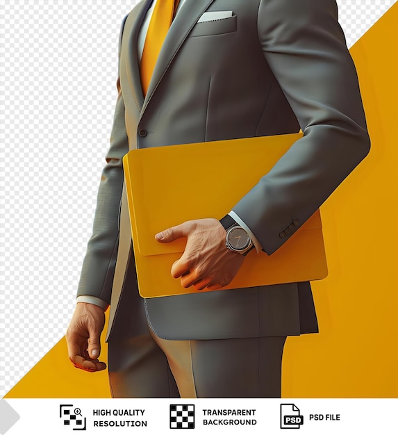 PSD przezroczysty biznesmen z folderem w ręku, ubrany w szary garnitur i żółty i pomarańczowy krawat, stojący przed żółtą ścianą z czarnym i srebrnym zegarkiem widocznym na nadgarstku
