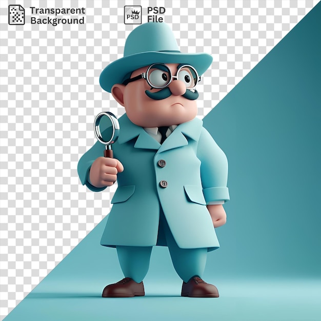 PSD przezroczysty kreskówka detektywa 3d badającego zbrodnię za pomocą szkła powiększającego noszący niebieski kapelusz czarny krawat i czarne okulary podczas trzymania zabawki i stojący na brązowej stopie