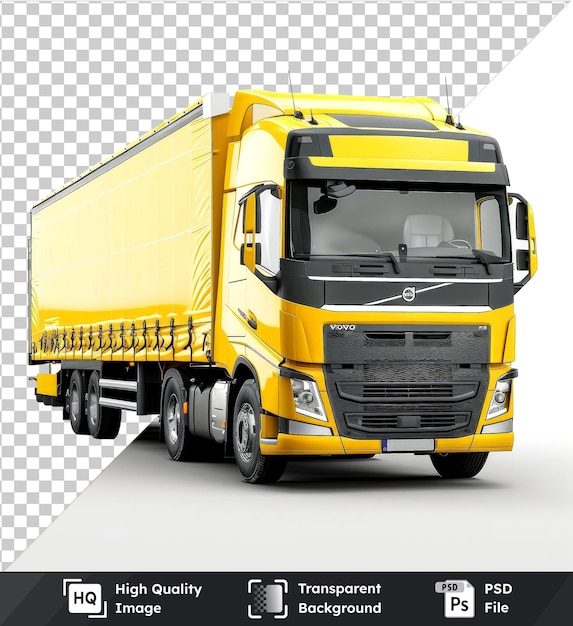 PSD przezroczysty model żółtej ciężarówki z czarnym grillem i anteną na żółto-białym niebie