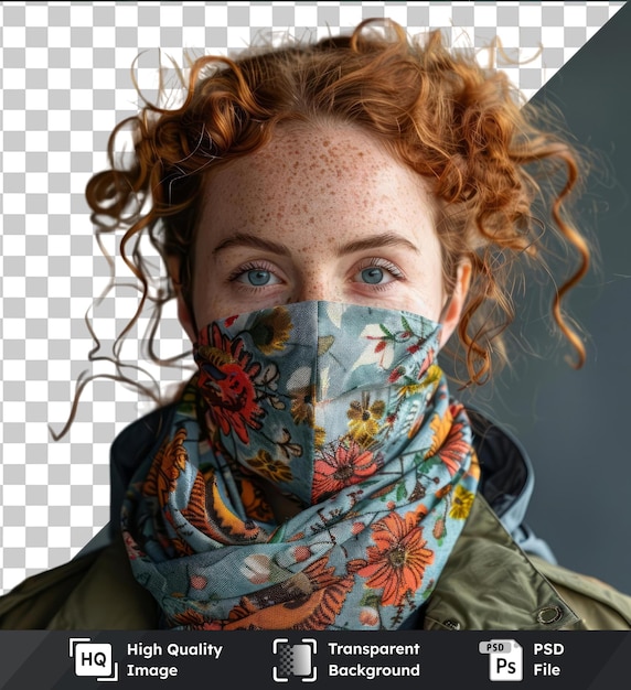 PSD przezroczysty obiekt kobieta nosząca domową maskę twarzy z tkaniny podczas pandemii covid-19