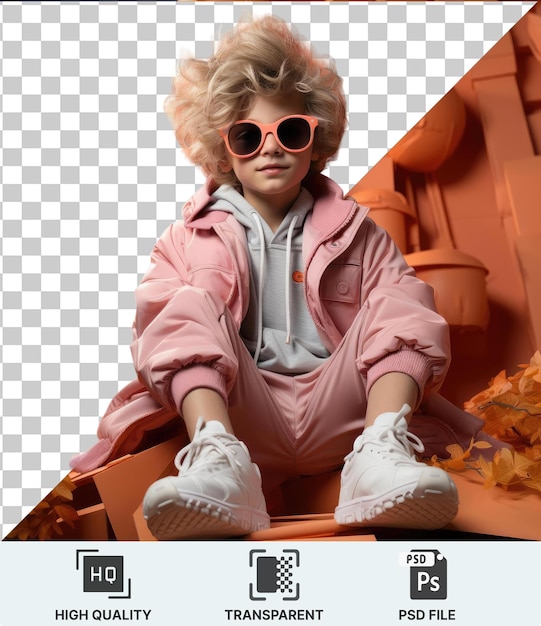 PSD przezroczysty obiekt na pierwszym planie osoba w różowej kurtce i różowych spodniach siedzi na pudełku z białym butem widocznym na lewej nodze i szarymi i blond włosami oprawianymi twarzą