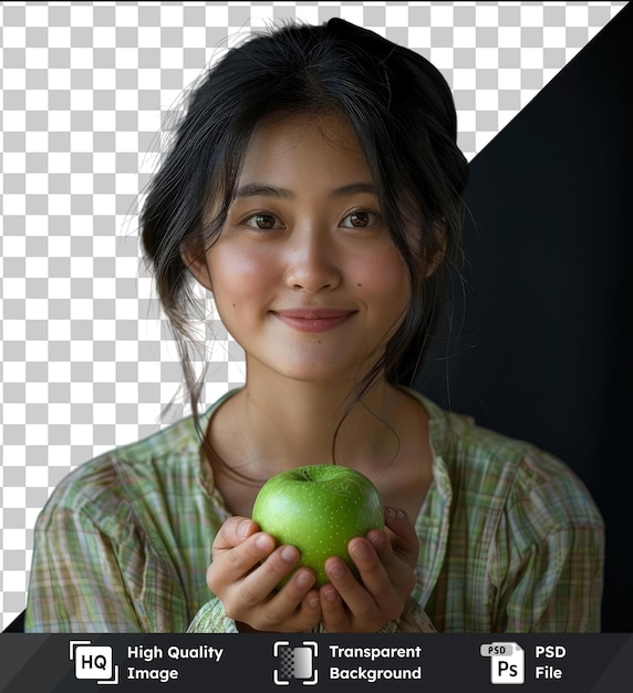 PSD przezroczysty obiekt portret szczęśliwej młodej azjatyckiej chińskiej koreańskiej japońskiej kobiety trzymającej lub jedzącej zielone jabłko x000d