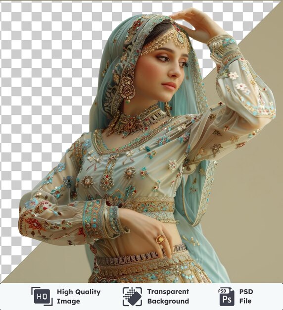 PSD przezroczysty obiekt ramadan tradycyjne tańce z kobietą noszącą niebieską sukienkę i złoty naszyjnik wyposażony w złoty kolczyk przeciwko białej ścianie z ręką widoczną z przodu