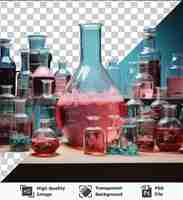 PSD przezroczysty obiekt realistyczny fotograf naukowiec eksperymenty naukowe zbiór szkła i przezroczystych butelek, w tym różowa butelka są wyświetlane na drewnianym stole na niebieskiej ścianie