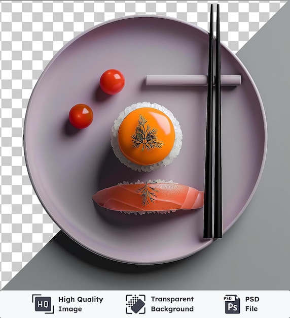 PSD przezroczysty obiekt robatayaki na białej płytce wraz z czerwonym pomidorem i małym czerwonym pomidorem umieszczonym na szarym i przezroczystym tle z czarnym uchwytem widocznym w tle