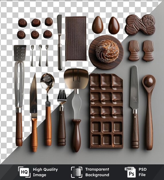 PSD przezroczysty obiekt zestaw narzędzi do produkcji czekolady wyświetlany na białej ścianie z srebrnym nożem, srebrnym widelcem i srebrną łyżką