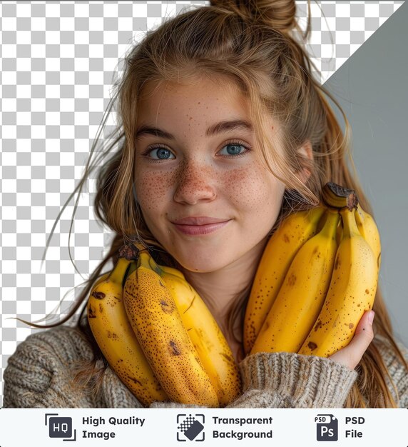 PSD przezroczysty obraz psd młoda piękna i szczęśliwa dziewczyna z długimi włosami trzyma banany na prawej ręce i bułeczkę na lewej ręce nosi brązowo-szary sweter jej niebieskie oczy i mały nos