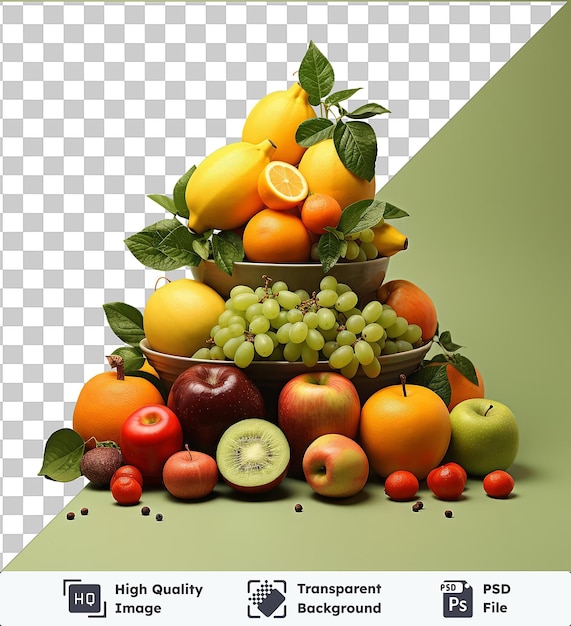 PSD przezroczysty obraz psd realistyczny fotograficzny dietetyk owoce miska pomarańczy zielone winogrona i czerwone jabłko