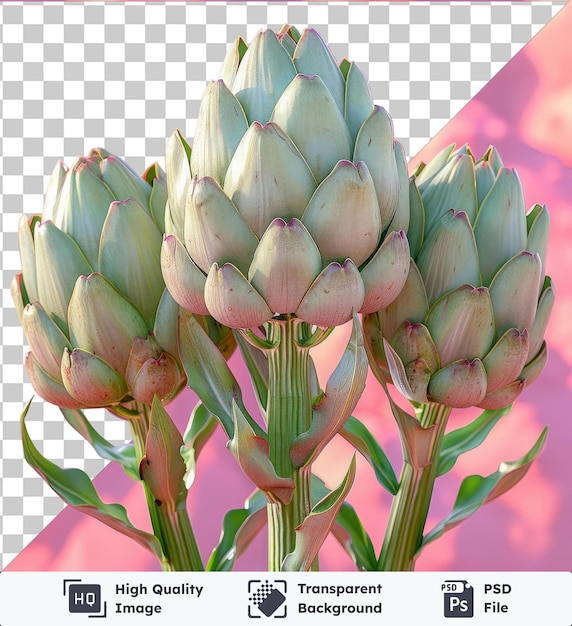 PSD przezroczysty obraz psd trzy kwiaty modyfikowane artyczoki, w tym biały i zielony kwiat, zielony kwiat i zielone łodygi są wyświetlane na różowym tle