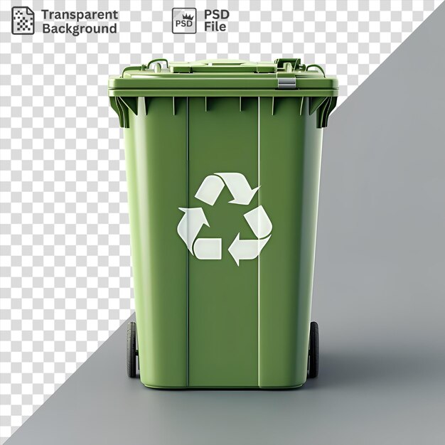 Przezroczysty Pojemnik Do Recyklingu Z Czarnymi Kołami I Zieloną Pokrywą Na Szaro-białej ścianie Z Ciemnym Cieniem Na Pierwszym Planie