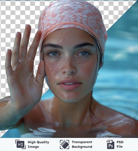 PSD przezroczysty premium psd zdjęcie młoda arabska pływak kobieta izolowana bawiąc się pokrywając połowę twarzy dłonią nosząc żółty szalik z brązowymi oczami duży nos i ciemne brwi przeciwko