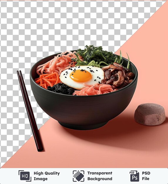 Przezroczysty Przedmiot Smaczna Miska Bibimbap Z Smażonym Jajem I Pałeczkami Na Różowym Tle Wraz Z Małą Szarą Skałą I Ciemnym Cieniem