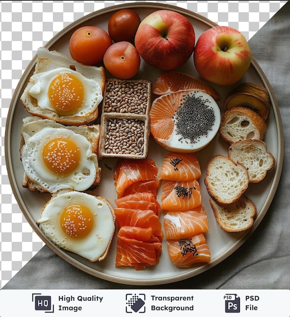 Przezroczysty Przedmiot Spożywczy Na śniadanie Umieszczony Na Talerzu Z Różnorodnymi Jajami, W Tym Białymi, żółtymi I Czerwonymi, W Towarzystwie Pieczonego Chleba I Czerwonego Jabłka