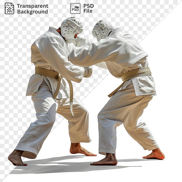 PSD przezroczysty realistyczny fotograf judo mistrzów mecz judo uchwycony w akcji przedstawiający białego mężczyznę w białej koszuli i spodniach z czarnym pasem widocznym na pierwszym planie